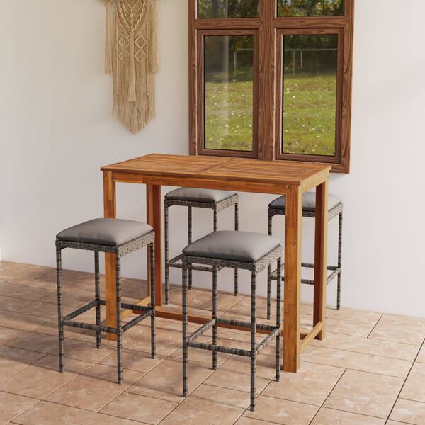 vidaXL 5 pcs conjunto de bar p/ jardim com almofad&otilde;es cinzento