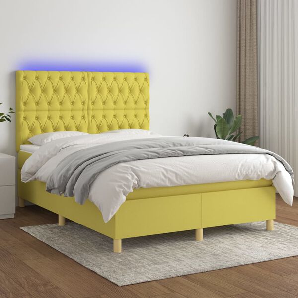 vidaXL Cama box spring c/ colch&atilde;o e LED 140x200 cm tecido verde