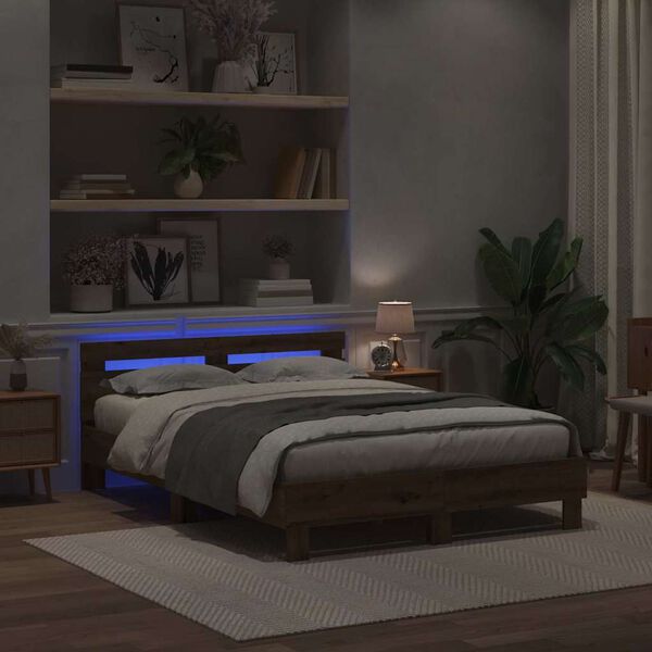 vidaXL Estrutura da Cama com led Carvalho Artesanal 140 x 190 cm