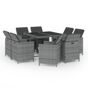vidaXL 9 pcs conjunto jantar p/ jardim c/ almofad&otilde;es vime PE cinzento