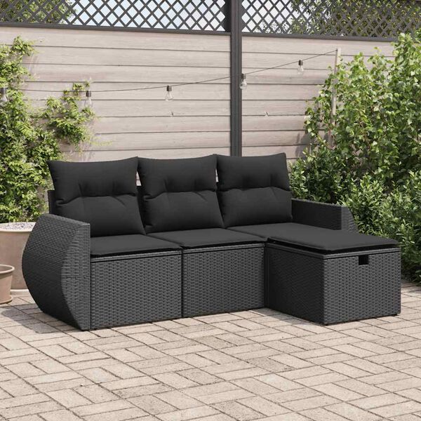 vidaXL 4 pcs conjunto de sof&aacute;s para jardim c/ almofad&otilde;es vime PE preto