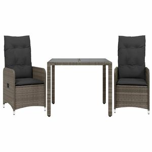 vidaXL 3 pcs conjunto bistr&ocirc; de jardim c/ almofad&otilde;es vime PE cinza