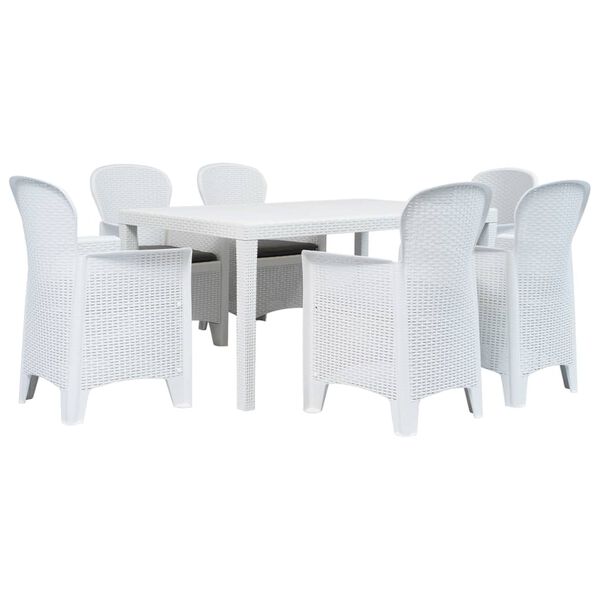 vidaXL Conj. jantar p/ exterior 7 pcs plástico branco aspeto de vime