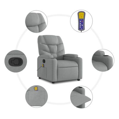 vidaXL Poltrona de massagens reclinável tecido cinzento-claro