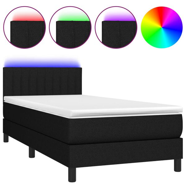 vidaXL Cama box spring c/ colch&atilde;o e LED 90x190 cm tecido preto