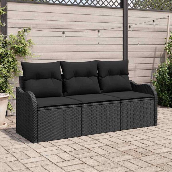 vidaXL Conjunto de Sofá de Jardim com almofada 3 pcs Preto vime PE