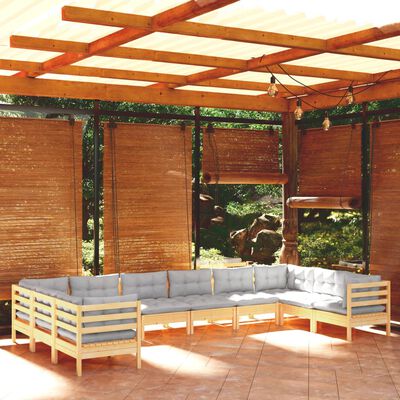 vidaXL 10 pcs conjunto lounge de jardim c/ almofadões cinzentos pinho