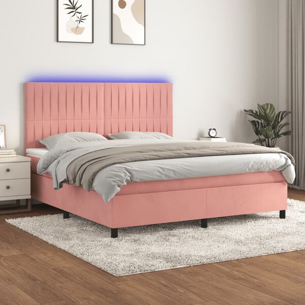 vidaXL Cama box spring c/ colch&atilde;o/LED 160x200 cm veludo rosa