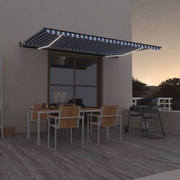 vidaXL Toldo automático LED e sensor de vento 500x300 cm azul e branco