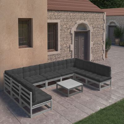 vidaXL 10 pcs conj. lounge de jardim + almofadões pinho maciço cinza
