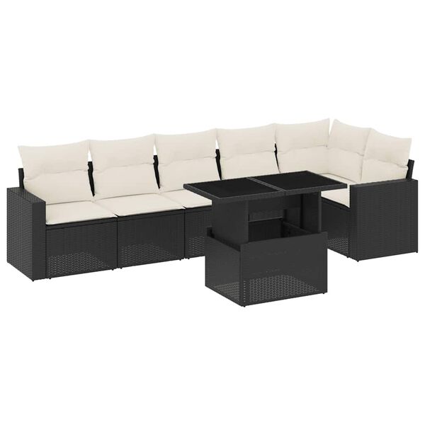 vidaXL 7 pcs conjunto de sof&aacute;s p/ jardim c/ almofad&otilde;es vime PE preto