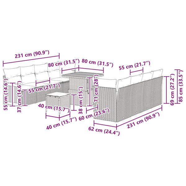 vidaXL Conjunto de Sof&aacute; de Jardim com almofada 12 pcs Preto vime PE