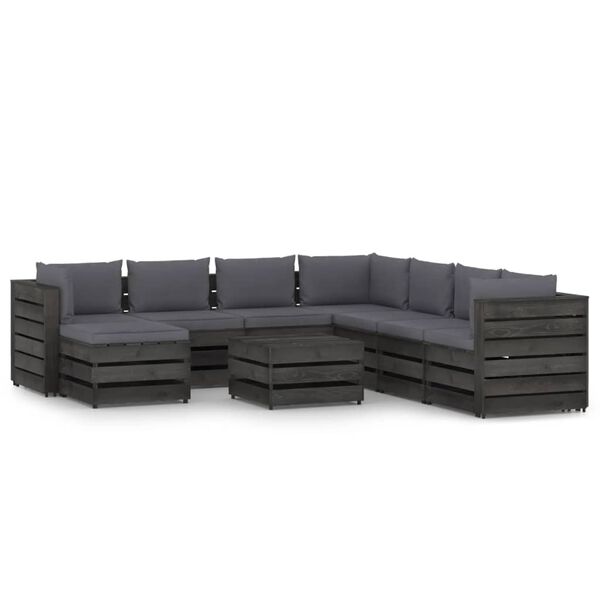 vidaXL 9 pcs conj. lounge jardim c/ almofad&otilde;es madeira impreg. cinza
