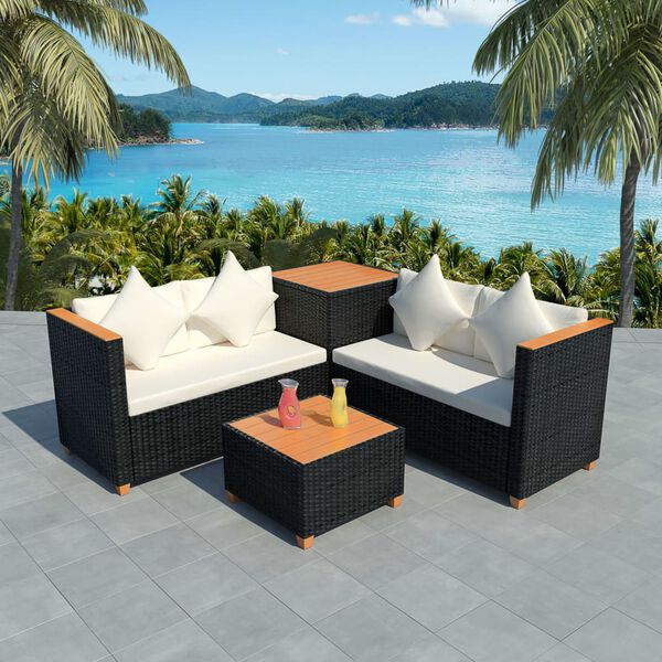 vidaXL 4 pcs conjunto lounge de jardim c/ almofadões vime PE preto