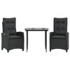vidaXL 3 pcs conjunto de jantar p/ jardim c/ almofad&otilde;es vime PE preto