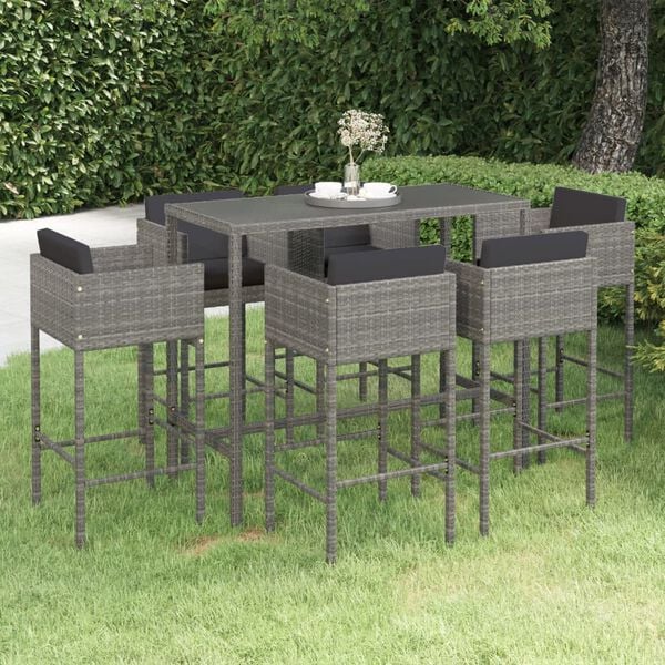 vidaXL 7 pcs conjunto de bar p/ jardim c/ almofad&otilde;es vime PE cinzento