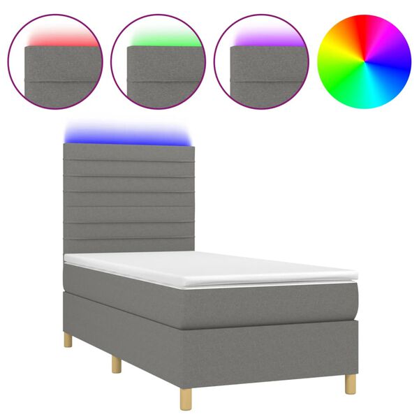 vidaXL Cama box spring c/ colch&atilde;o e LED 90x190 cm tecido cinza-escuro