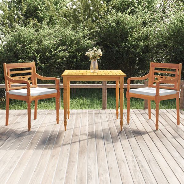 vidaXL 3 pcs conjunto de jantar p/ jardim c/ almofad&otilde;es teca maci&ccedil;a