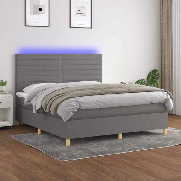 vidaXL Cama box spring c/ colch&atilde;o e LED 180x200 cm tecido cinza-escuro
