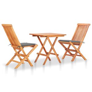 vidaXL Conjunto bistr&ocirc; c/ almofad&otilde;es cinzentos 3 pcs teca maci&ccedil;a