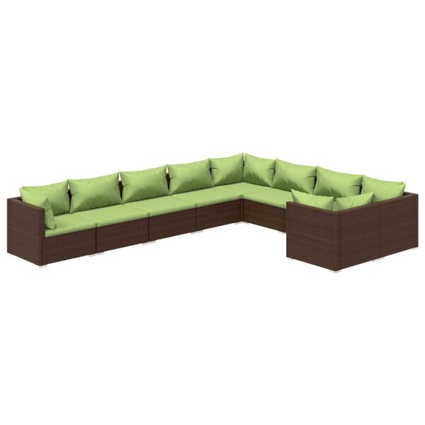 vidaXL 9 pcs conjunto lounge de jardim c/ almofadões vime PE castanho