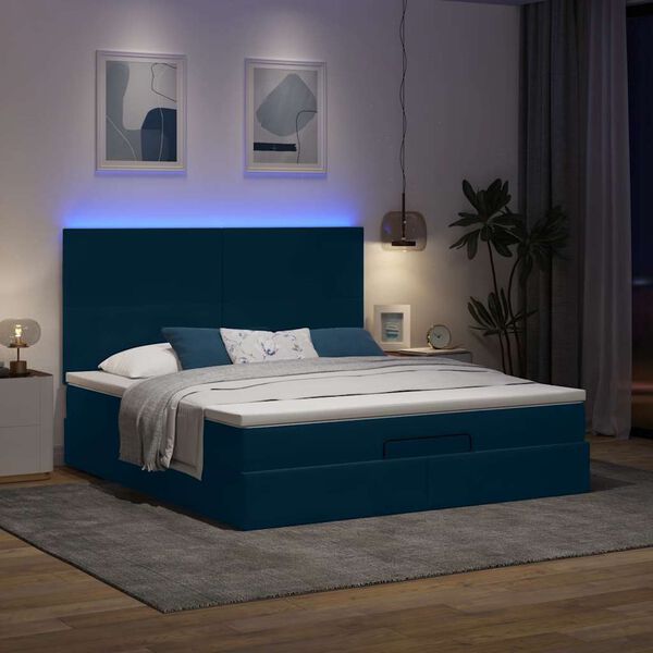 vidaXL Estrutura de cama otomana com colch&atilde;o azul escuro veludo
