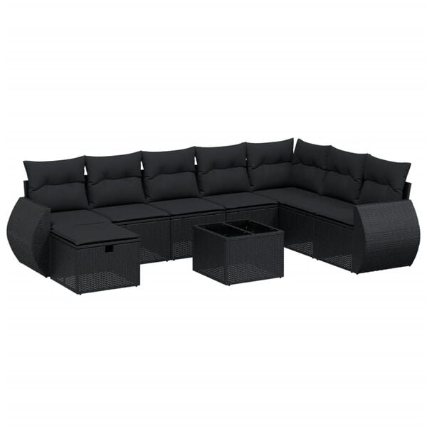 vidaXL 9 pcs conjunto de sof&aacute;s p/ jardim c/ almofad&otilde;es vime PE preto