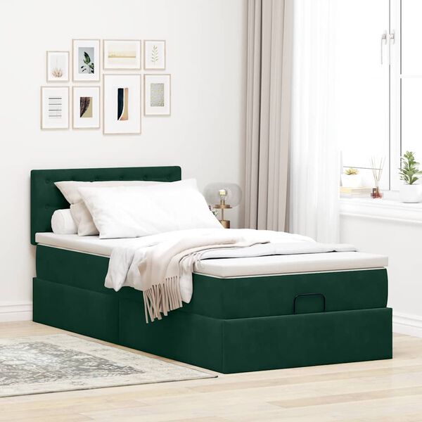 vidaXL Estrutura de cama otomana colch&atilde;o 90x200 cm veludo verde escuro