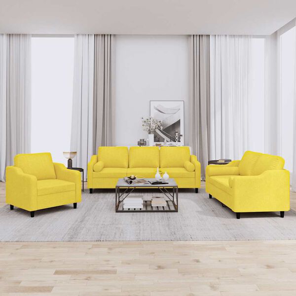 vidaXL 3 pcs conjunto de sof&aacute;s com almofadas tecido amarelo-claro