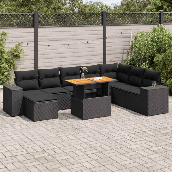 vidaXL 9 pcs conjunto sof&aacute;s p/ jardim almofad&otilde;es vime PE/ac&aacute;cia preto