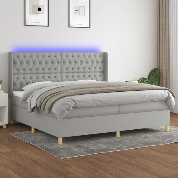 vidaXL Cama box spring c/ colch&atilde;o e LED 200x200 cm tecido cinza-claro