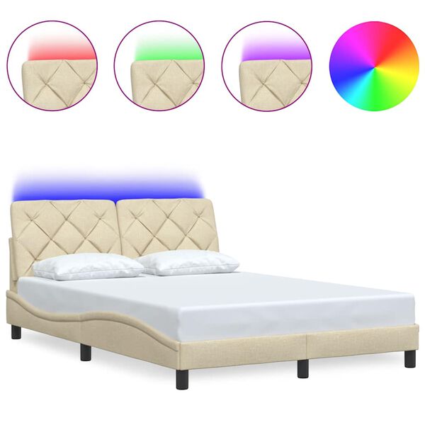 vidaXL Estrutura de cama com LED sem colch&atilde;o 140x190 cm tecido creme