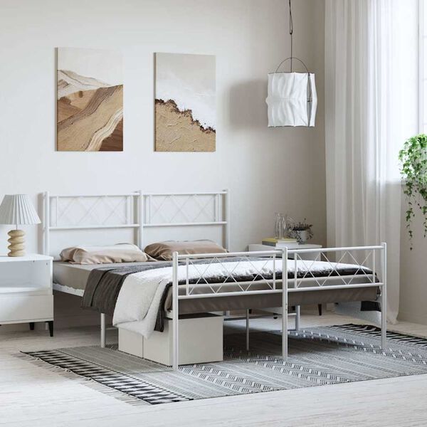 vidaXL Estrutura de cama com cabeceira e p&eacute;s 135x190 cm metal branco