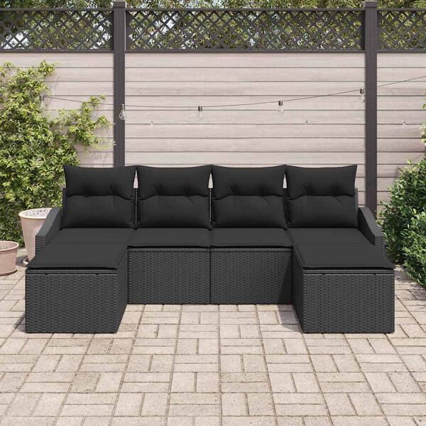 vidaXL Conjunto de Sof&aacute;s com almofada 6 pcs Preto vime PE
