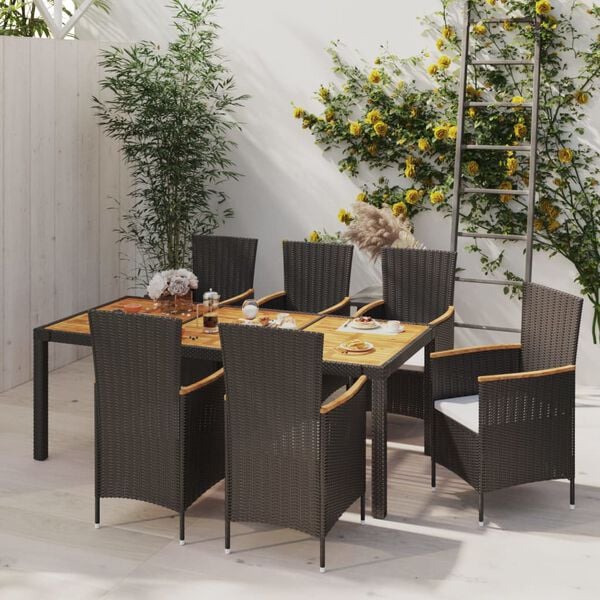 vidaXL 7 pcs conjunto jantar exterior com almofad&otilde;es vime PE preto