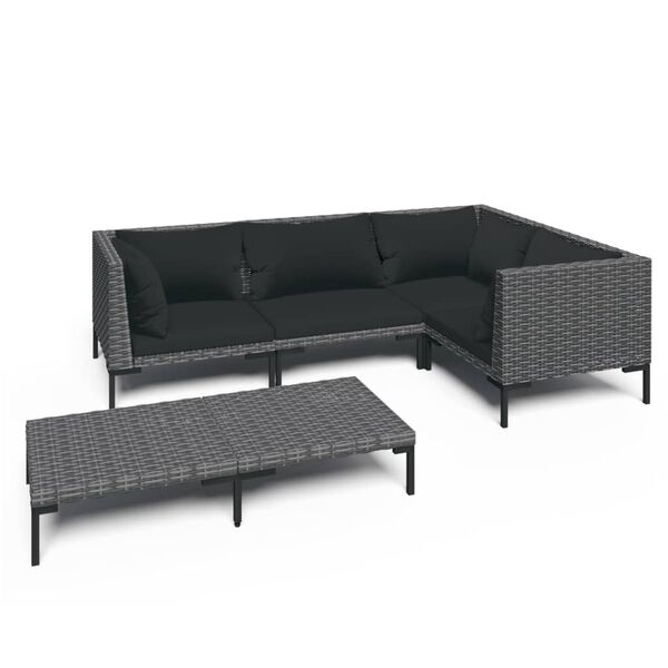 vidaXL 5 pcs conj. lounge jardim c/ almofadões vime PE cinzento-escuro