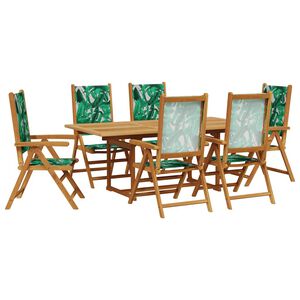 vidaXL 7pcs conj. jantar p/ jardim tecido/madeira maci&ccedil;a padr&atilde;o folhas