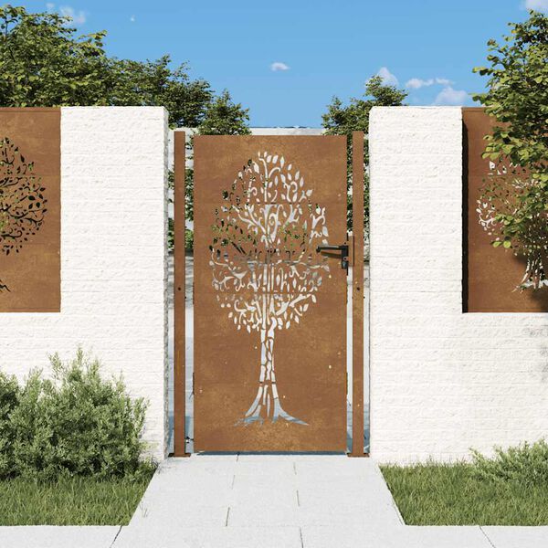 vidaXL Port&atilde;o de jardim 100x175 cm em a&ccedil;o corten com design de &aacute;rvore