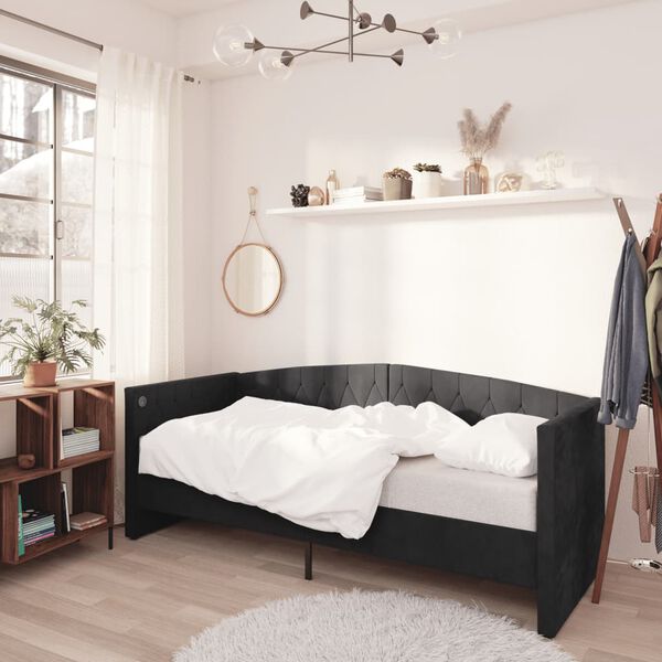 vidaXL Sof&aacute;-cama c/ colch&atilde;o e sa&iacute;da USB 90x200 cm veludo preto