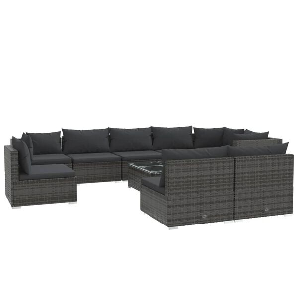 vidaXL 10 pcs conjunto lounge de jardim c/ almofad&otilde;es vime PE cinzento