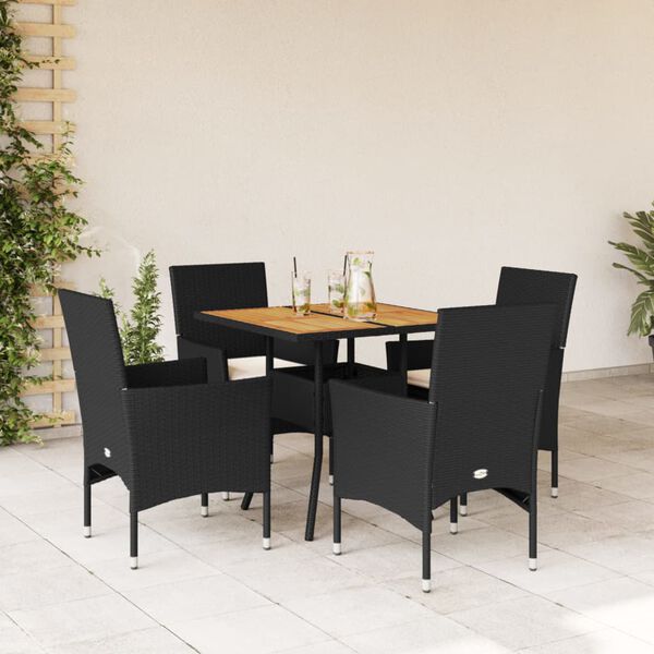 vidaXL 5 pcs conjunto jantar jardim c/ almofad&otilde;es vime PE/ac&aacute;cia preto