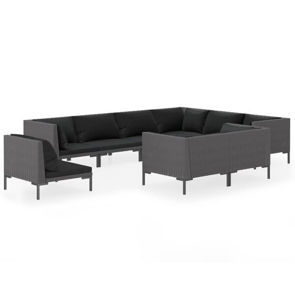 vidaXL 9 pcs conj. lounge jardim c/ almofad&otilde;es vime PE cinzento-escuro