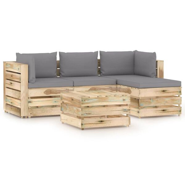 vidaXL 5 pcs conj. lounge jardim c/ almofad&otilde;es madeira impreg. verde