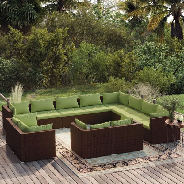 vidaXL 12 pcs conjunto lounge de jardim c/ almofadões vime PE castanho