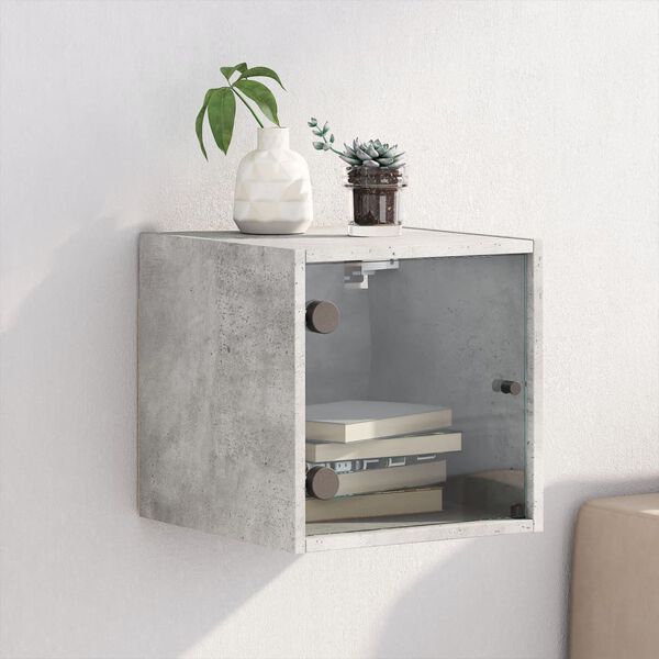 vidaXL Mesa de cabeceira c/ porta de vidro 35x37x35cm cinzento cimento