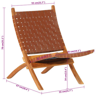vidaXL Cadeira de descanso dobrável couro genuíno castanho