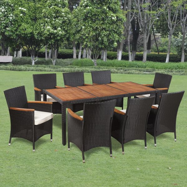 vidaXL 9 pcs conjunto jantar exterior com almofadões vime PE