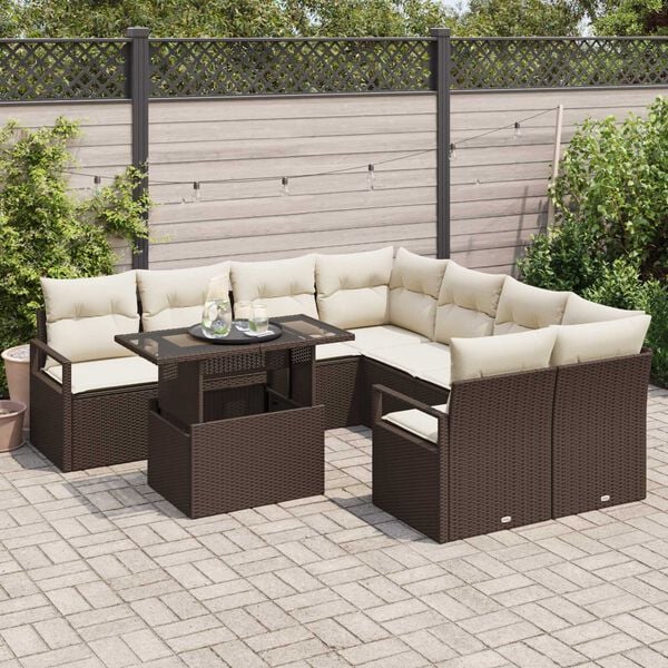 vidaXL Conjunto de Sof&aacute; de Jardim 9 pcs Castanho Rattan Sint&eacute;tico