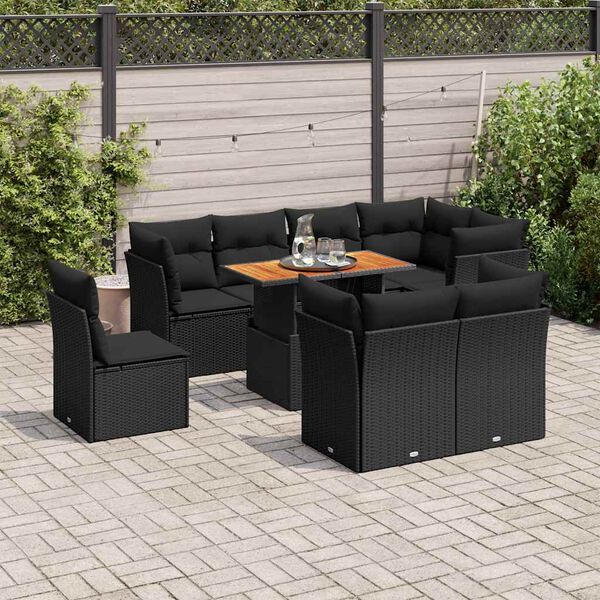 vidaXL 9 pcs conjunto de sof&aacute;s p/ jardim c/ almofad&otilde;es vime PE preto