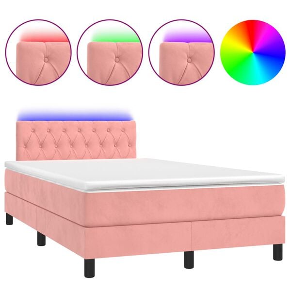vidaXL Cama box spring c/ colch&atilde;o luzes e LED 120x190 cm veludo rosa